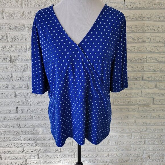 Liz Claiborne Womens Top Extra Large Blue Tiny Squares Poly Blend GEO86E - Picture 1 of 8